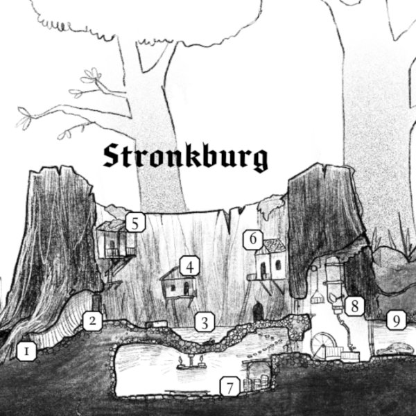 Illustratie van de voorbeeld avontuur locatie Stronkburg in Mausritter Nederlands
