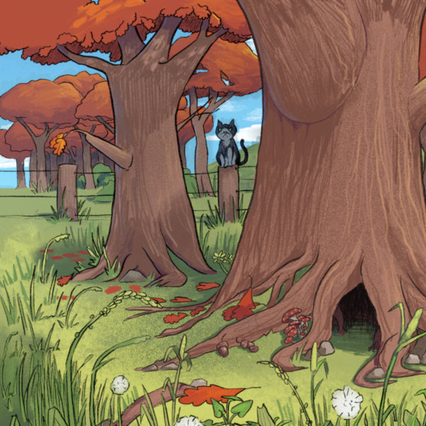 Illustratie van kat op paal tussen bomen