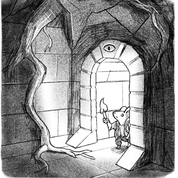 Muisridder, illustratie muisavonturier met fakkel